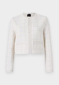 Witte textuur gepimpte cropjas met een ruitpatroon, voorzien van een ronde halslijn, twee voorzakken en een verborgen ritssluiting.