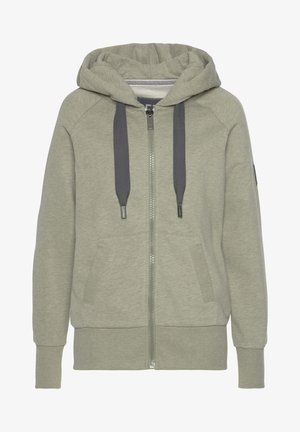 Sweat à capuche zippé gris clair avec grande capuche, cordons gris foncé, poches avant et poignets ainsi qu'ourlet côtelés.
