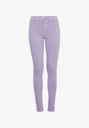 Jeans skinny lilla in denim, con un classico design a cinque tasche, chiusura con bottone e una superficie liscia e uniforme.