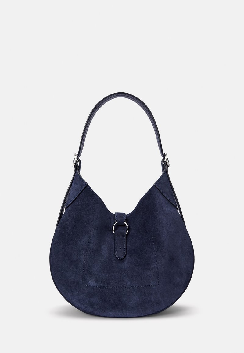 Marinblå mocka hobo-väska med en rundad silhuett, med ett läderhandtag och en central metalldetalj med ring som stängning.