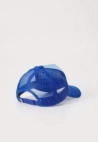Casquette de baseball bleue à dos en mesh avec un panneau avant bleu uni et une visière courbée. Dispose d'une fermeture à pression ajustable.