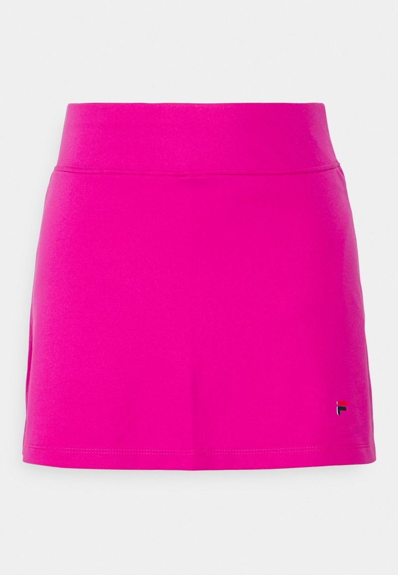 Falda de tenis rosa hecha de un material liso y elástico. Cuenta con una cintura ancha y un pequeño logo en la parte inferior izquierda. Diseño corto y acampanado.