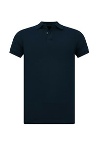 Marineblauwe polo met een standaardkraag, korte mouwen en een drie-knopen sluiting. Gladde stofstructuur en getailleerde pasvorm.