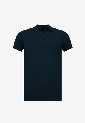 Marineblauwe polo met een standaardkraag, korte mouwen en een drie-knopen sluiting. Gladde stofstructuur en getailleerde pasvorm.