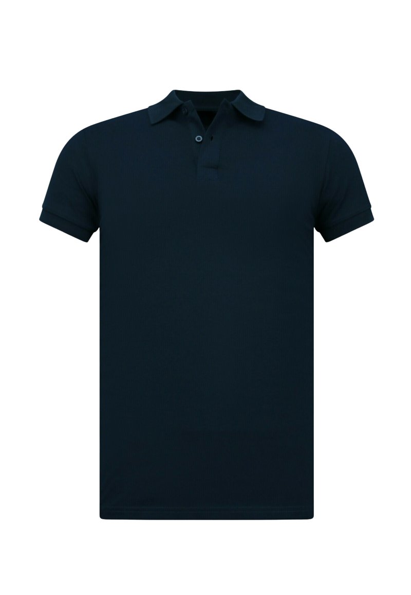 Marineblauwe polo met een standaardkraag, korte mouwen en een drie-knopen sluiting. Gladde stofstructuur en getailleerde pasvorm.