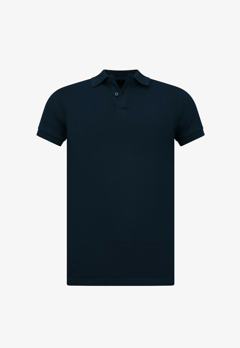 Marineblauwe polo met een standaardkraag, korte mouwen en een drie-knopen sluiting. Gladde stofstructuur en getailleerde pasvorm.