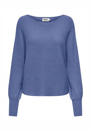 Blue ribbed sweater with long sleeves, wide neckline, and relaxed fit. Made from soft material with a textured finish.