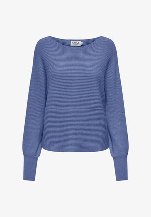 Blue ribbed sweater with long sleeves, wide neckline, and relaxed fit. Made from soft material with a textured finish.