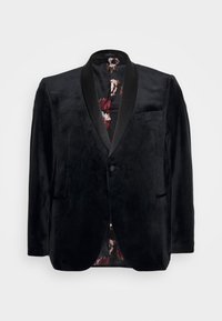 Černý sametový blejzr se saténovým šálovým límcem, zapínání na jeden knoflík, dvě kapsy a květinová podšívka.