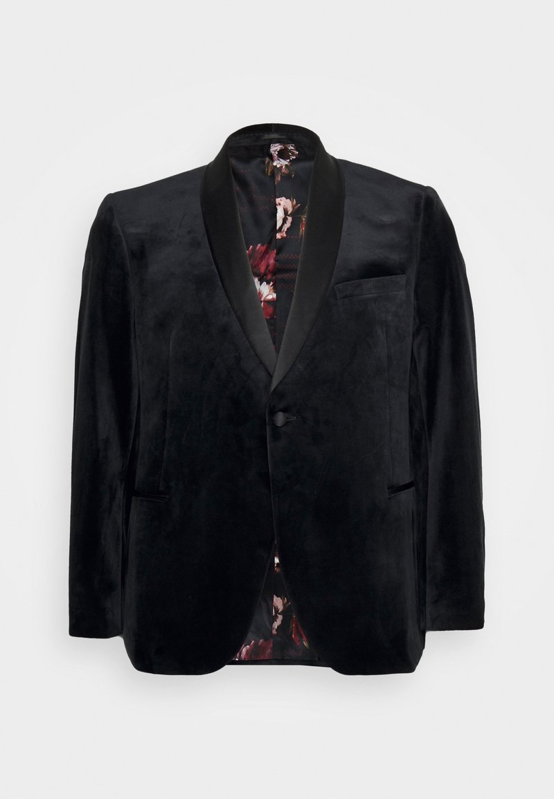 Černý sametový blejzr se saténovým šálovým límcem, zapínání na jeden knoflík, dvě kapsy a květinová podšívka.