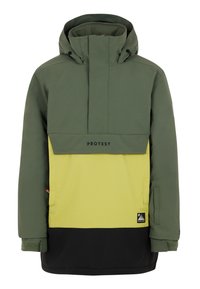 Veste verte et jaune avec un col montant, design de pull, et bas noir. Comprend des poches zippées et un logo de marque à l'avant.