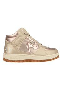 Hoge sneakers in beige en roségoud. Synthetisch materiaal, glanzende accenten, rubberen zool, geperforeerde neus en merkdetails aan de zijkant.