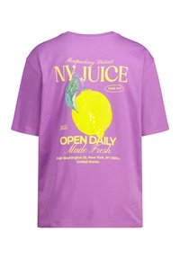 Purple cotton t-shirt with short sleeves. Features a yellow lemon illustration and text: “NY JUICE TAKE OUT” and “OPEN DAILY Made Fresh.”