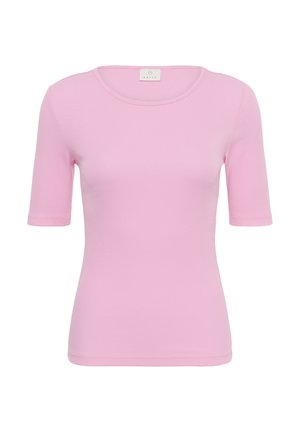 Dopasowany krótki top z krótkim rękawem w kolorze jasno różowym, z okrągłym dekoltem i prążkowaną fakturą, metka wewnątrz kołnierza z napisem "Kaffe".