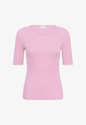 Kietas šviesiai rožinis trumpomis rankovėmis aptemptas viršus su apvaliu kaklo iškirpimu ir gofra tekstūra, ant kaklo vidinėje dalyje etikete užrašyta „Kaffe“.