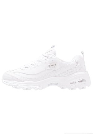 White Skechers sneaker with thick sole, lace-up front, and stitched logo on the side, designed for casual or athletic use.