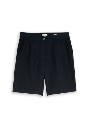 Marineblaue Freizeithose mit elastischem Bund, Gürtelschlaufen, Seitentaschen, Knopf vorne und Reißverschluss.