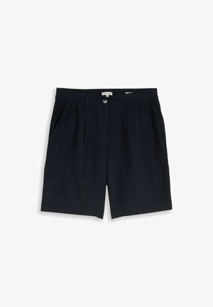 Marineblaue Freizeithose mit elastischem Bund, Gürtelschlaufen, Seitentaschen, Knopf vorne und Reißverschluss.