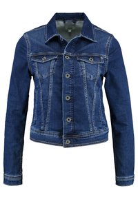 Mörkblå denimjacka med klassisk krage, knäppning fram, bröstfickor och kontrasterande sömmar. Slät struktur.