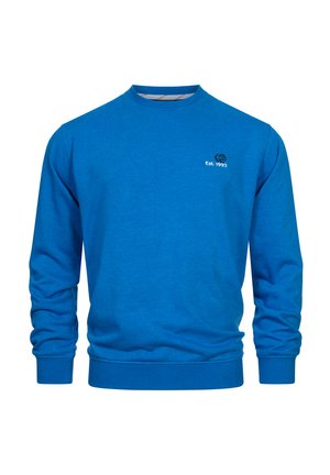 Blaues Rundhals-Sweatshirt aus weichem Stoff. Mit langen Ärmeln, gerippten Bündchen und Saum sowie dem Logo "Est. 1993" auf der Brust.