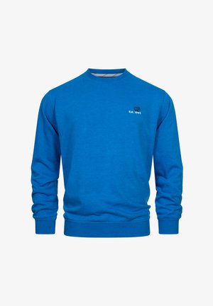 Blaues Rundhals-Sweatshirt aus weichem Stoff. Mit langen Ärmeln, gerippten Bündchen und Saum sowie dem Logo "Est. 1993" auf der Brust.