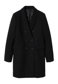 Zwarte double-breasted jas met ingesneden revers, twee zakken aan de voorkant en een gladde textuur. Voorzien van zwarte knopen en een getailleerd silhouet.