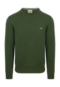 Donkergroene trui met ronde hals, gebreide structuur, lange mouwen, geribbelde manchetten en zoom, klein geborduurd logo op de borst.