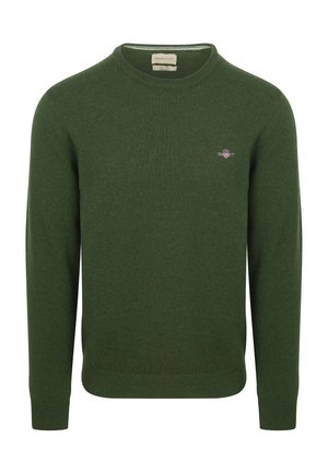 Donkergroene trui met ronde hals, gebreide structuur, lange mouwen, geribbelde manchetten en zoom, klein geborduurd logo op de borst.