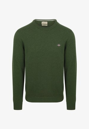 Dunkelgrüner Pullover mit Rundhalsausschnitt, Strickstruktur, langen Ärmeln, gerippten Bündchen und Saum, kleines gesticktes Logo auf der Brust.