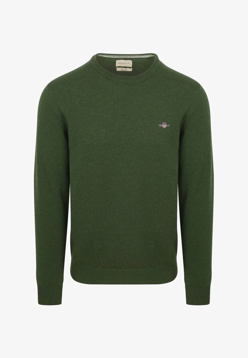 Dark green crewneck sweater, knit texture, long sleeves, ribbed cuffs and hem, small embroidered logo on chest.