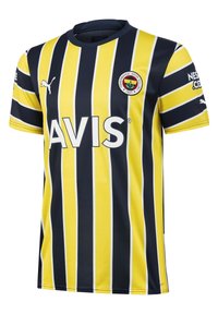 Žluto-námornická pruhovaná sportovní dres s krátkými rukávy, s logem Puma a znakem klubu. Materiál vypadá lehký a prodyšný.