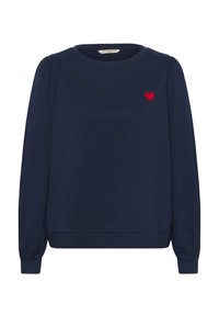 Marineblauer Pullover mit langen Puffärmeln, rundem Ausschnitt und roter Herzstickerei auf der linken Brust. Weiche Textur und elastische Bündchen.