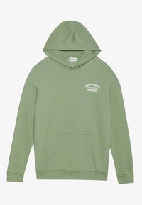 Grön bomullshuvtröja med en kenguruficka, långa ärmar och huva med dragsko. Har vit tryckt text på bröstet.