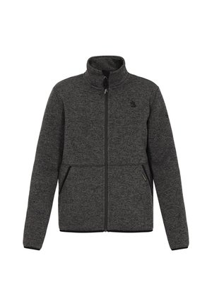 Graue Fleecejacke mit hohem Kragen, durchgehendem Reißverschluss, zwei seitlichen Taschen und einem dezenten Logo auf der Brust. Strukturiertes Strickmaterial.