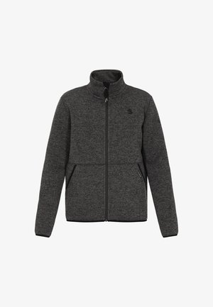 Grå fleecejakke med høj krave, fuld lynlås, to sidelommer og et diskret logo på brystet. Strukturstrik materiale.