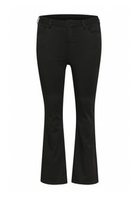 Jean fluide noir en denim avec quatre poches, coutures discrètes et éléments en métal sur la ceinture et les bords des poches.
