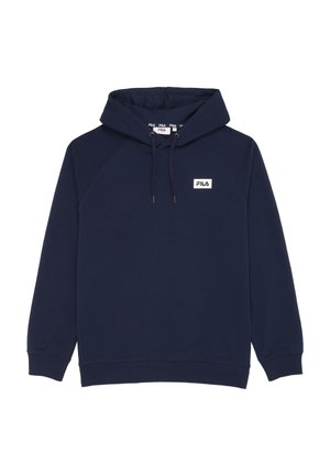 Granatowa bluza z kapturem FILA z przednimi sznurkami i małą białą naszywką z logo FILA na piersi, z prążkowanymi mankietami i brzegiem.
