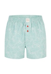 Ljusblå boxershorts med vitt bladmönster, elastisk midja och två röda knappar fram. Etikett vid midjan.