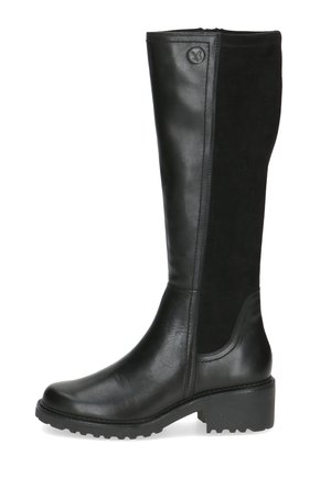 Bottes noires montantes en cuir lisse et en daim, à bout rond, semelle texturée, et un petit logo en haut.