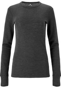 Camicia a maniche lunghe di un grigio scuro, realizzata in un morbido tessuto testurizzato. Presenta un collo rotondo e polsini aderenti. Design minimalista senza motivi.