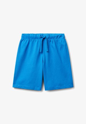 Pantaloni corti di cotone blu con vita elastica e cordino regolabile. Tessuto morbido e taglio fino al ginocchio, con cuciture ordinate.