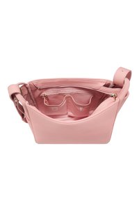 Borsa a mano in pelle rosa con design strutturato, dotata di una tasca interna con zip e due tasche aperte, superficie liscia e tracolla regolabile.