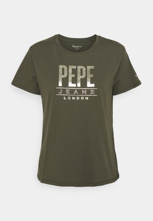 T-shirt manches courtes vert olive avec texte argenté métallique "PEPE JEANS LONDON" centré sur le devant.