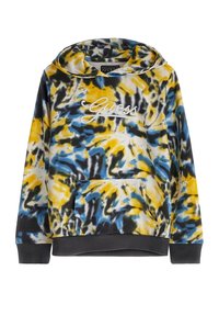 Kapuzensweatshirt mit gelbem, blauem, schwarzem und weißem Batikmuster, Fronttasche, gerippten Bündchen und "Guess"-Stickerei auf der Brust.