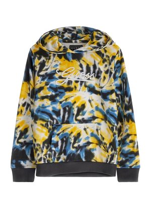 Sweatshirt à capuche avec un motif tie-dye jaune, bleu, noir et blanc, poche avant, poignets côtelés et "Guess" brodé sur la poitrine.