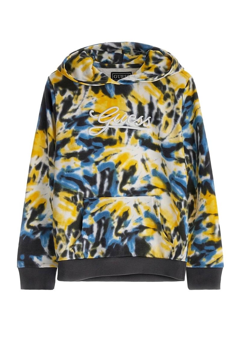 Kapuzensweatshirt mit gelbem, blauem, schwarzem und weißem Batikmuster, Fronttasche, gerippten Bündchen und "Guess"-Stickerei auf der Brust.