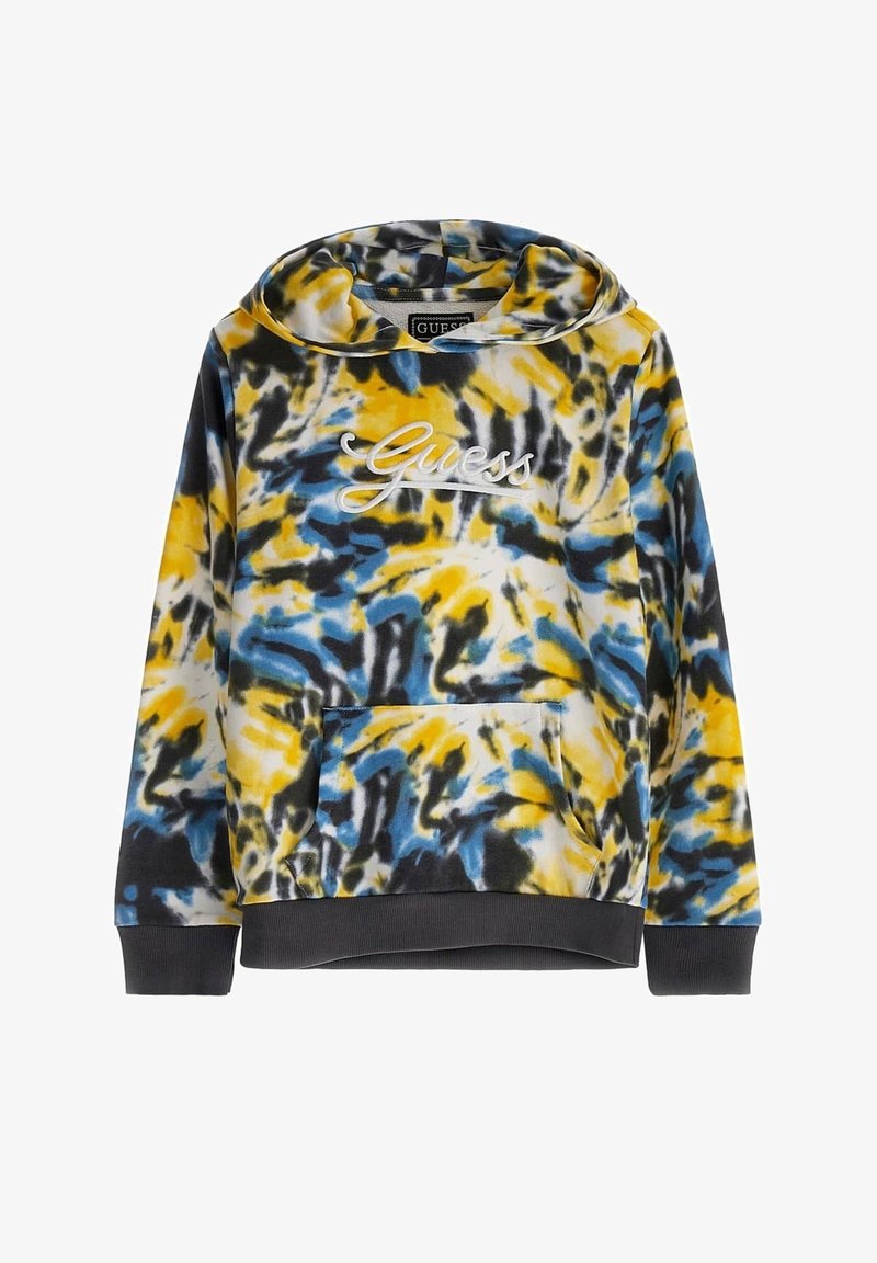 Kapuzensweatshirt mit gelbem, blauem, schwarzem und weißem Batikmuster, Fronttasche, gerippten Bündchen und "Guess"-Stickerei auf der Brust.