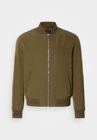 Olive green bomber jacket, smooth nylon material, zip closure, ribbed cuffs and hem, side pockets, subtle brand logo detail on chest.