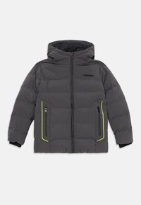 Grau gepolsterte Jacke mit Kapuze, ausgestattet mit Reißverschluss-Taschen mit neon-gelben Akzenten, schwarzem Reißverschluss und elastischen Bündchen. Markenlogo sichtbar.