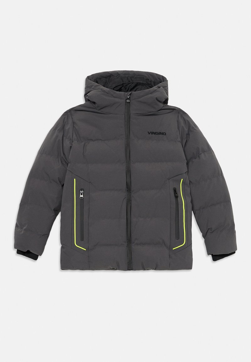 Grå polstret jakke med hette, med glidelåslommer med neongule detaljer, svart glidelås og elastiske mansjetter. Merkevarelogo synlig.
